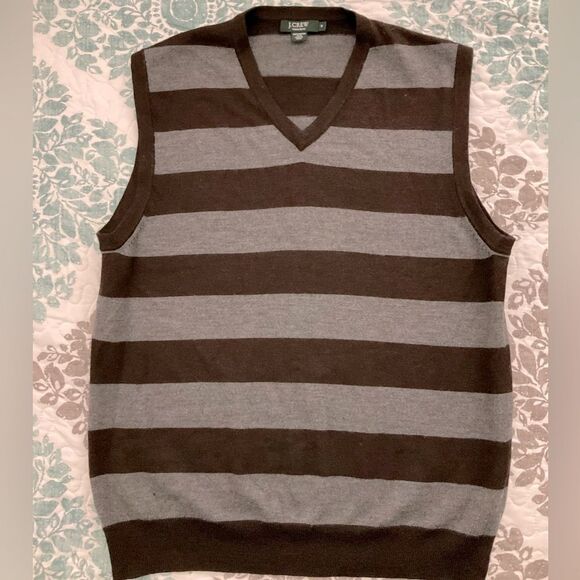 J. Crew Mens Merino Wool Striped V-Neck Sweater Vest, Large - Picture 1 of 4